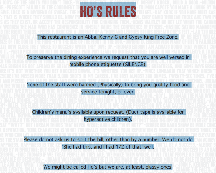 House of Ho menu